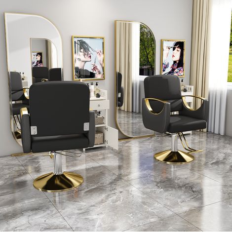 Sillón de Peluquería Giratorio 360° con Altura Regulable Hidráulica, Reposapiés, Polipiel y Hierro, Negro-Dorado (1/5)