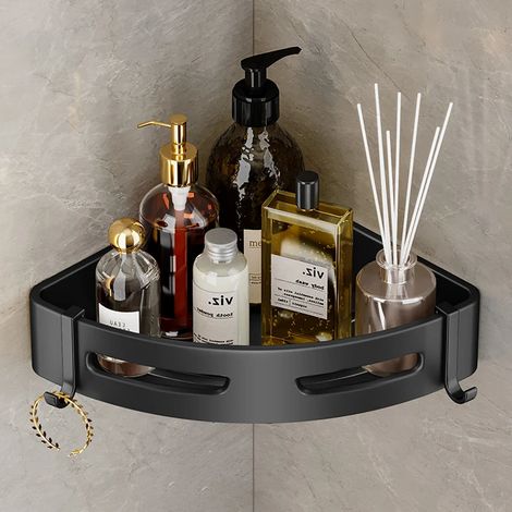 Étagère d'angle murale en aluminium noir pour salle de bain, panier triangulaire, rangement pour douche. (1/5)
