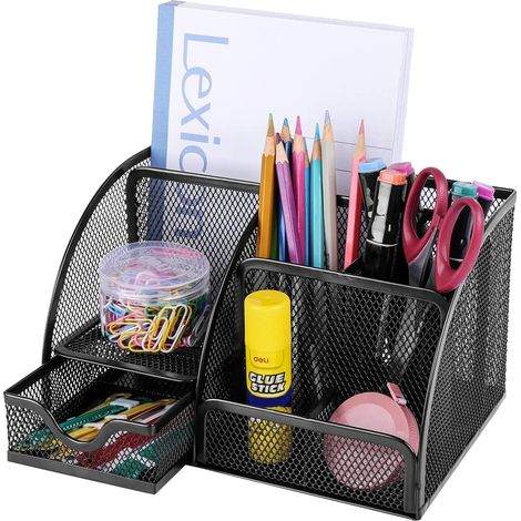 Organiseur de bureau en métal noir à mailles, 6 compartiments avec tiroir, rangement pour fournitures de bureau (1/3)