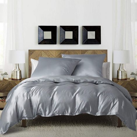 Bettwäsche 200x200cm Grau Seide Satin Glänzend mit Reißverschluss