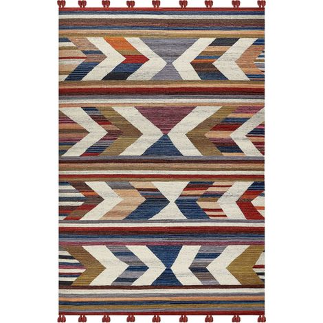 Tappeto di lana multicolore 200 x 300 cm kilim fatto a mano con strisce e nappe Mrgashat