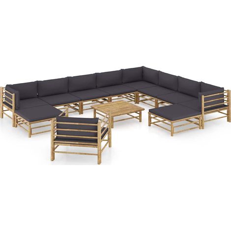 Salon de jardin 12 pcs Ensemble Table et Chaise de Jardin - avec coussins gris foncé Bambou BV117496 - BonneVie (1/5)
