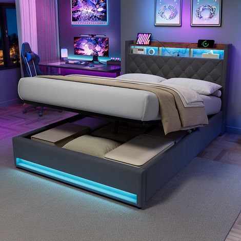 Cama tapizada 140x200 cm gris oscuro con somier HAVRYA (1/5)