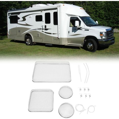 Moustiquaire de protection en acier inoxydable (4 pièces) pour camping-cars, avec masque de ventilation et bandes adhésives. Convient aux ventilateurs de chauffe-eau de camping-cars. (1/5)