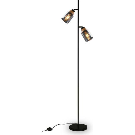 Lampadaire Décoratif et de Lecture Orientable, Interrupteur à Pied, Verre Fumé, Noir-Bois (1/5)