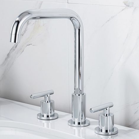 Ensemble de robinets de lavabo à trois trous séparés, cartouche en laiton, tube à angle droit argenté (1/3)