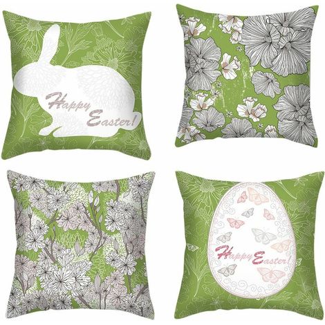 Filiyano-Lot de 4 housses de coussin à motif lapin de Pâques, pour canapé ou décoration intérieure, 45 x 45 cm, vert et blanc. (1/5)