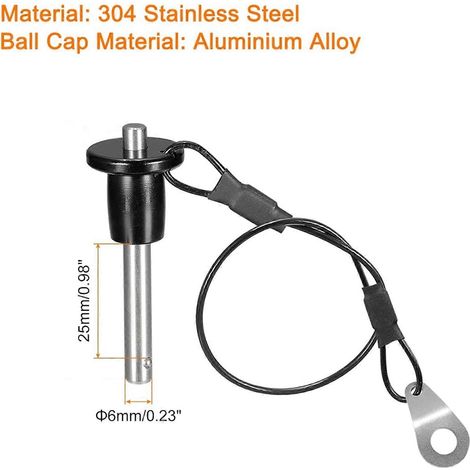10 goupilles à dégagement rapide en acier inoxydable, 6 mm de diamètre, goupilles de verrouillage en forme de bille, avec cordon à bouton-poussoir, longueur utile 25 mm. (1/4)