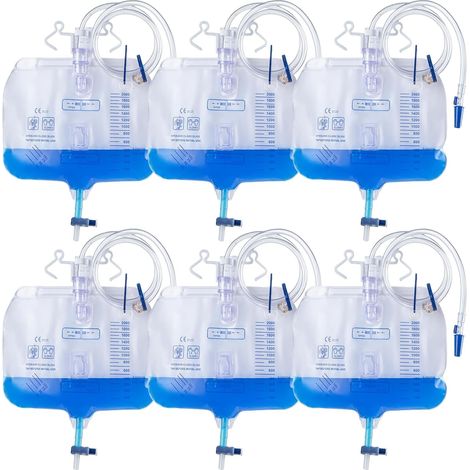 Lot de 6 poches à urine de 2000 ml,poches pour jambes, système de drainage urinaire,poches à urine de 2000 ml avec valve anti-reflux et drain en T,poches de drainage urinaire avec tuyau de1.2m (1/5)
