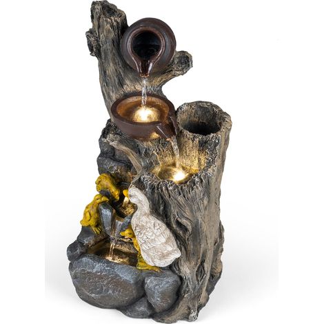 COSTWAY Fontaine de Jardin avec Éclairage LED, Cascade en Résine Aspect Pierre et Bois avec Canards Débit Réglable, Décoration Style Rustique pour Terrasse Balcon Cour Intérieur, 30 x 27 x 57 cm (1/5)