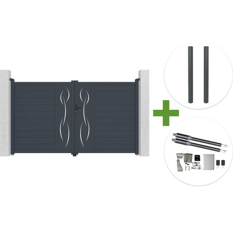 Portail battant 3m LIFE H.180cm aluminium gris + 2 poteaux ELDA + motorisation Ranger B150 (1/5)