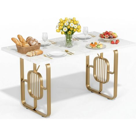 Table de salle à manger rectangulaire 160 cm pour 4-6 personnes – Plateau faux marbre – Pieds en métal doré – Design moderne et élégant pour salle à manger et cuisine–Blanc (1/5)