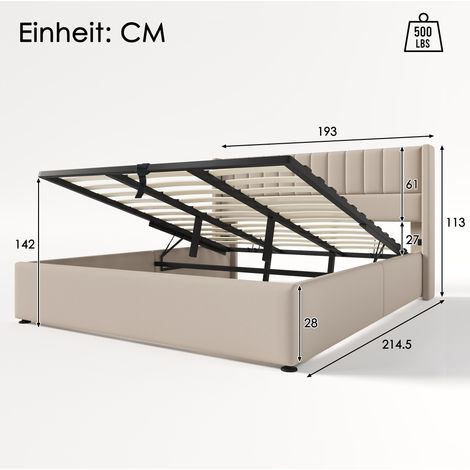 Letto Contenitore Letto Matrimoniale con Vano 180×200 cm, Testiera Imbottita, senza Materasso, Lino, Beige (1/4)