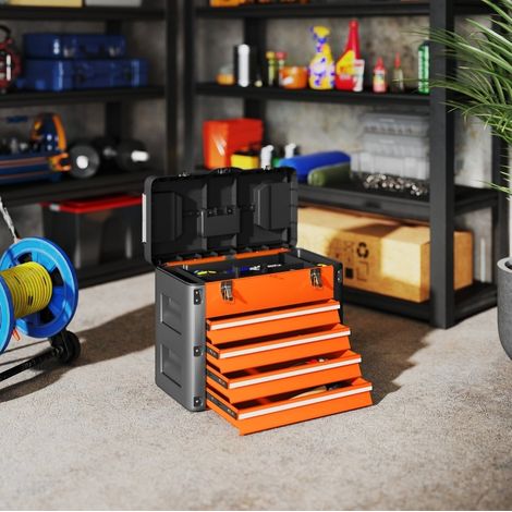 Coffre à outils 49,7x25,3x40,7 cm en acier orange, avec rangement, pour garage FloraGrace (1/5)