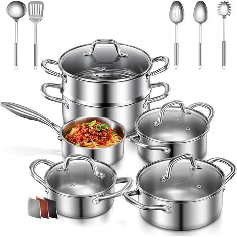 3 Ply Stainless Steel Saucepan, 15-Piece Cookware for Induction, Uncoated Induction Saucepan with Steam Insert, Stainless Steel Saucepan Set Compatible with All Types of Cookers (1/5)