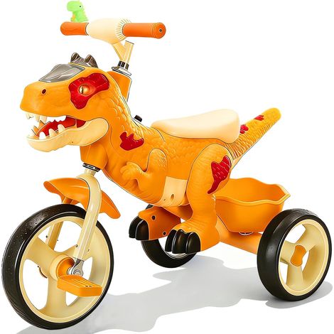 Tricycle Dinausore, Tricycle Enfant avec klaxon en Forme de Dinosaure et Panier de Rangement, Dinosaure Velo avec Musique et LumièRes, Velo Enfant 2, 3, 4, 5, 6 Ans - Orange (1/5)