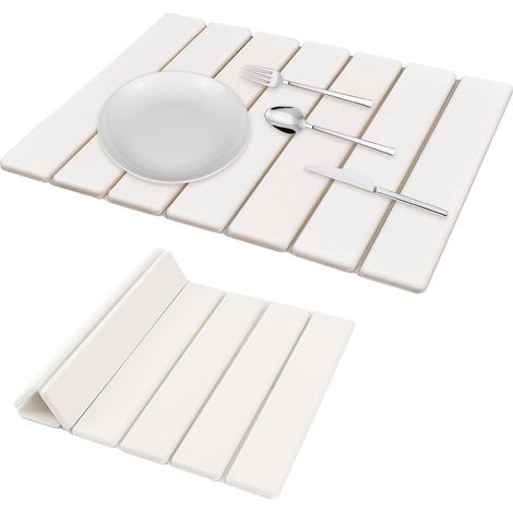 Tapis d'égouttage - 40 × 30 cm - Tapis d'égouttage de cuisine en pierre - Antidérapant - Séchage rapide - Pliable - Tapis de vaisselle - Terre de diatomées absorbante - Réutilisable - Blanc (1/5)