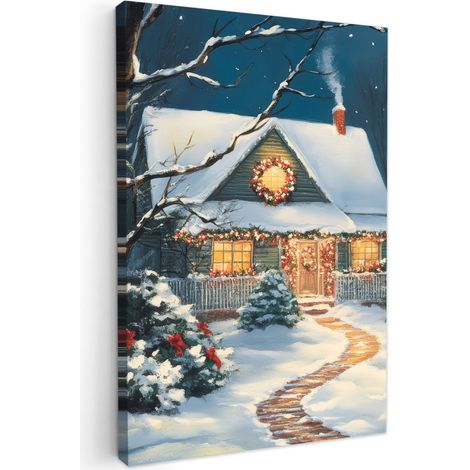 TABLEAU SUR TOILE Noël - Sapin de Noël - Hiver - Maison - Neige Tableau Chambre Adulte 90x140 cm