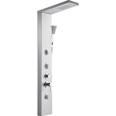 Colonne de douche avec pommeau de douche effet pluie, système de panneau de douchette mural en acier inox brossé, robinet 5 fonctions, avec 3 jets corporels, douchette à main et bec de baignoire (1/5)