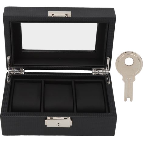 Uhrenbox mit 3 Fächern, Schloss, transparentem Sichtfenster, schwarzem Kunstleder für Damen und Herren – Aufbewahrungsbox für Schmuck und Armbänder (1/5)