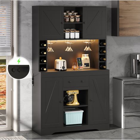 Buffet de cuisine 105x40x180 cm noir en MDF avec LED RGB, prises intégrées et rangement modulable (1/5)