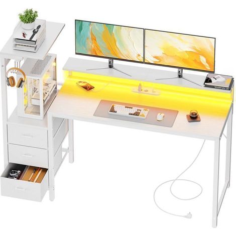 EcoFurnix Bureau gaming with LED 152 cm – Computer desk with monitor stand, storage shelf, and fabric drawer – Brown