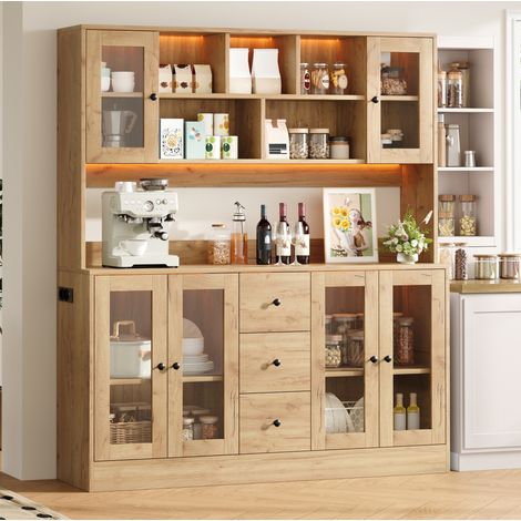 Buffet haut 150x40x173 cm en MDF naturel, LED et prises pour salle à manger – MEUBLIV (1/5)