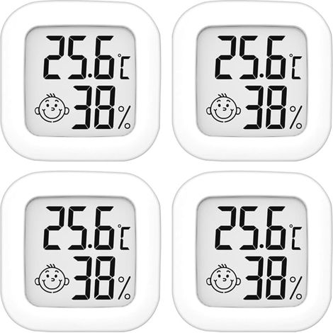 Lot de 4 thermomètres-hygromètres d'intérieur, affichage numérique de la température (-50 °C à 70 °C), mesure de l'humidité pour chambre de bébé, salon, bureau, serre - Compact et haute précision (1/5)