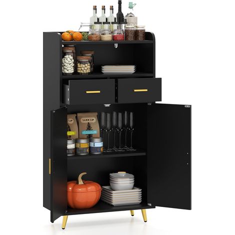 COSTWAY Mobiletto Bagno Salvaspazio 60 x 30 x 113 cm, Credenza Soggiorno con Ante, 2 Cassetti e Ripiano Regolabile, Armadietto da Cucina per Sala da Pranzo e Lavanderia (Nero) (1/5)