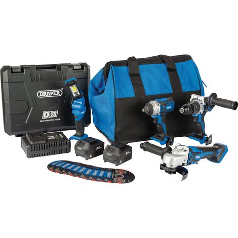 Draper D20 20V Workshop Kit (8-Piece) with 3Ah and 4Ah Batteries, Charger, and Storage Bag (1/5)