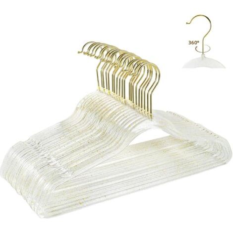 Lot de 20 Cintres Plastique Transparents avec Crochet Pivotant 360 Degrés et Paillettes pour Garde-Robe (1/5)