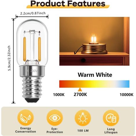 Lot de 2 ampoules LED E14 pour réfrigérateur - Blanc chaud 2700 K - Peut remplacer les halogènes de 10 W-15 W - Ampoule pygmée T22 SES 230 V - Pour réfrigérateur, machine à coudre, hotte de (1/5)