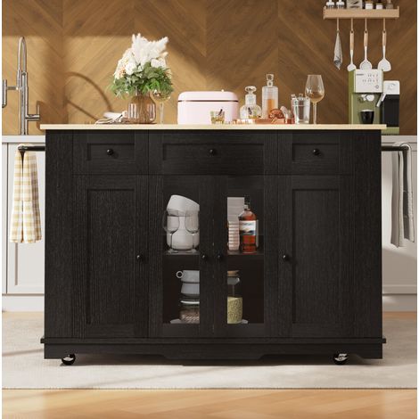 Isola cucina 151,5/85/91,7 cm nero/naturale con piano ribaltabile, vetro temperato e ampio spazio (1/5)