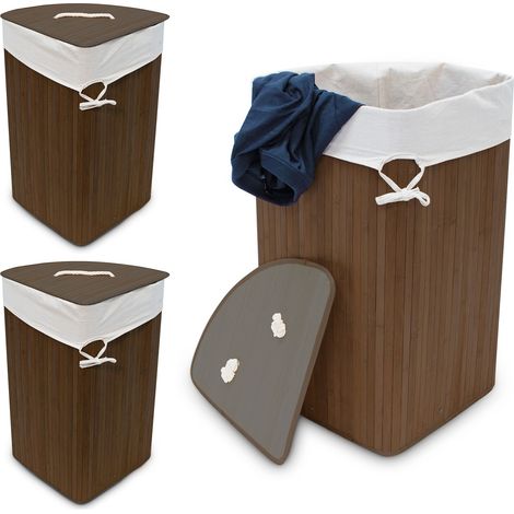 Relaxdays 3x Corner Laundry Baskets Bamboo, Foldable Bin 60 L, Space-saving, Cotton Bag, HxWxD: 65 x 49.5 x 37 cm, Brown
