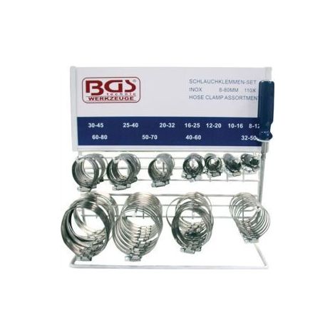 Schlauchklemmen-Sortiment, INOX, auf Tafel, 111-tlg. (1/2)