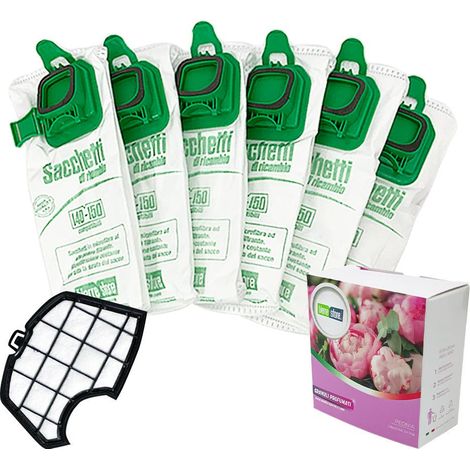 Sacchetti folletto vk 140 vk 150 6 pz + granuli profumati peonia + filtri compatibili (1/2)