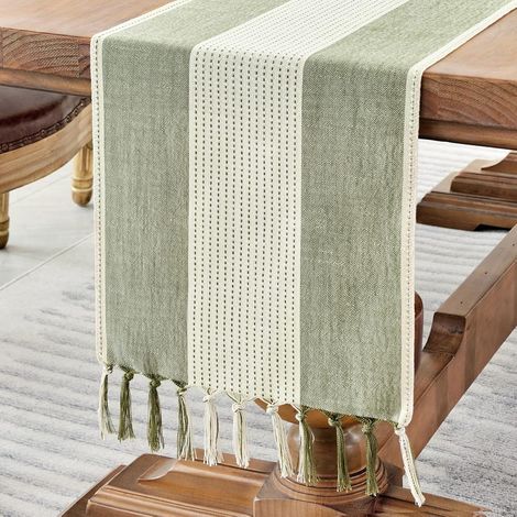JSSEVN - Handmade Cotton Linen Table Runner, 228cm Long, Farmhouse Style for Parties and Everyday Use (Sage Green, 230cm) (1/5)