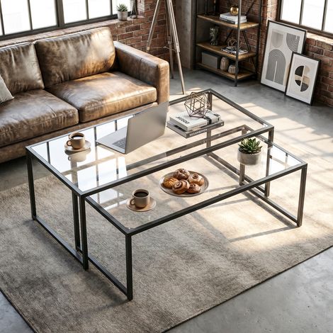 Lot de 2 tables basses gigognes tables de salon rectangulaires design en acier noir et plateaux en verre trempé (1/5)