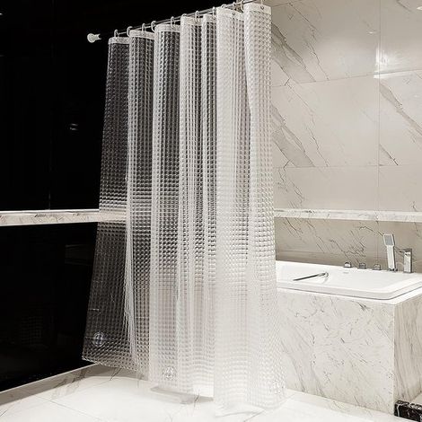 Rideau de douche anti-moisissure 180 x 200 cm avec anneaux et bande de poids, imperméable, motif 3D, pour salle de bain et toilettes, blanc (1/5)
