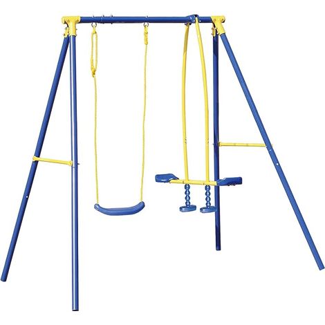 Altalena Cavallino Bambini 3 Posti Seggiolino + Cavalluccio Blu Metallo Alt 182 (1/2)