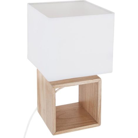 Lampe à poser carrée en bois coloris blanc et naturel - Longueur 18 x Profondeur 18 x Hauteur 32 cm -PEGANE- (1/2)