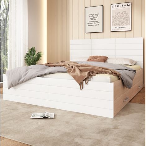 DESVIAE Lit double 160 x 200 cm avec tiroirs de rangement sommier à lattes bois massif et MDF blanc et chêne clair design texturé tête et pied de lit (1/5)