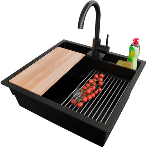 PRIMAGRAN Evier Cuisine en Granit 56x54cm,Lavabo 1 bac + Robinet 32x20cm + Kit de Vidage + Accessoires, Évier à Encastrer au meuble 60cm - Bergen Pocket, Noir