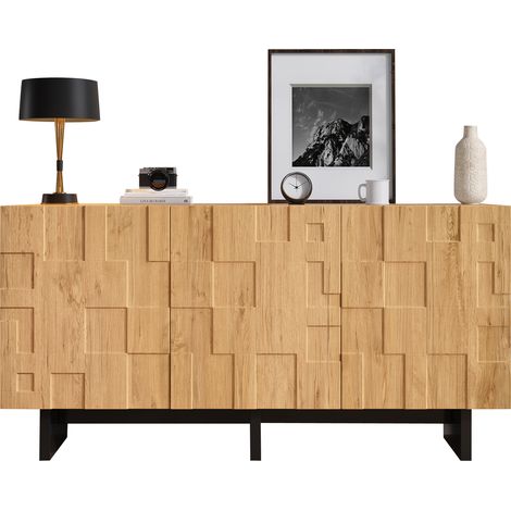 Sideboard mit 3 Push-to-Open Türen und 5 Fächern, Waffelmuster, aus MDF, 140 x 40 x 70 cm, Naturholzfarbe (1/5)