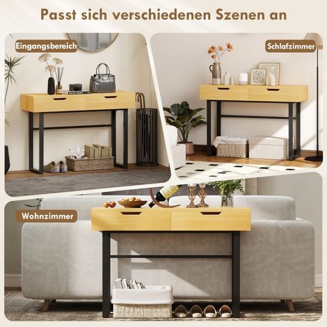 Table console étroite avec 2 tiroirs, cadre en métal, meuble d'entrée pour couloir, 110 x 35 x 76,5 cm, finition bois naturel (1/5)