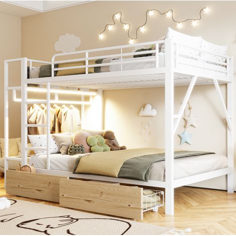 Litera 140 x 200 cm de metal y MDF, blanca, con 2 cajones, LED y perchero, OKWISH (1/5)