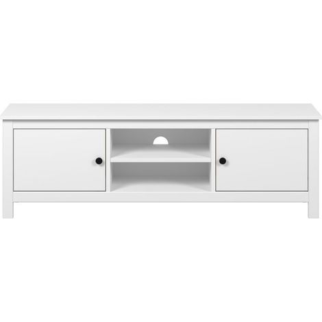 Meuble TV avec 2 portes et étagères centrales coloris Blanc - Longueur 140 x Hauteur 45,5 x Profondeur 35 cm (1/5)