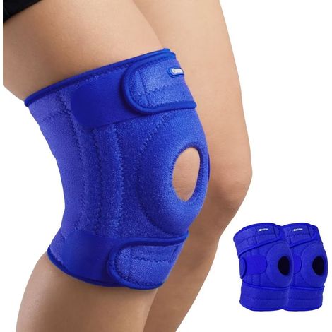 Genouillère à rotule ouverte pour soulager les douleurs articulaires, idéale pour le sport et la rééducation. Orthèse de genou ajustable pour homme et femme, avec 3 sangles, tailles XL à M, bleue, ven (1/5)