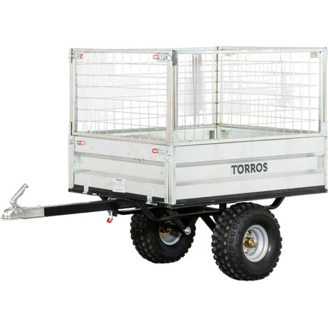 Torros – Remorque voiture simple essieu 350kg benne galvanisée basculante 1200x850x300 mm – Rehausses 500 mm – AHR350G