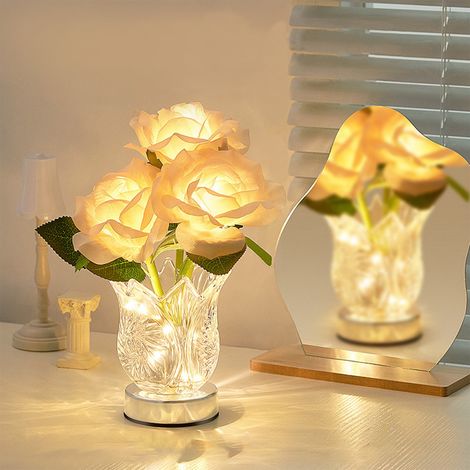 Lampe De Table - Lampe À Fleur Artificielle Avec Vase En Verre - Fonctionne Sur Piles - Pour Chambre À Coucher Bureau Décor Intérieur - 1 Pièce (1/5)